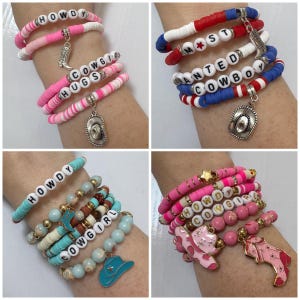 Cowgirl Western Heishi Clay Beaded Stacking Bracelet Set Stretchy Bead Cowboy Hat Charm Dangle Boot Jasper