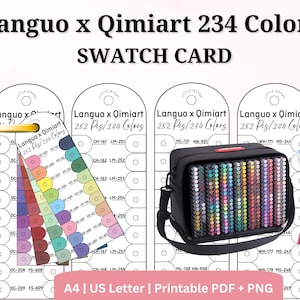 Puede incluir: Un conjunto de tarjetas de muestras de colores Languo x Qimiart 234 con archivos PDF y PNG imprimibles en formato A4 y US Letter. La imagen muestra un muestrario en abanico, un estuche negro lleno de marcadores de colores y dos bolígrafos.