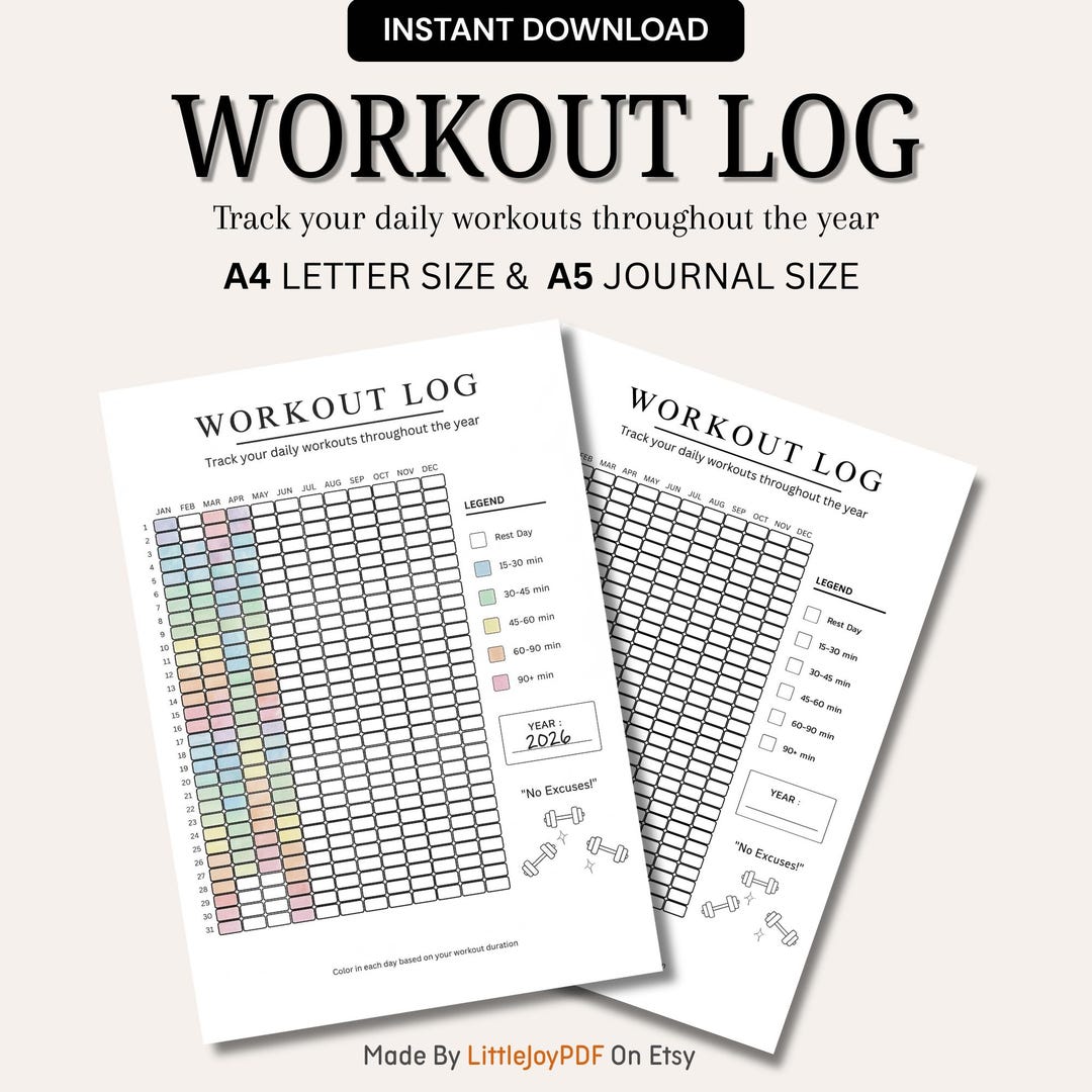 Workout Log Printable | Yearly Exercise Tracker by Duration | Color-in ...
