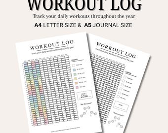 Workout-Tagebuch zum Ausdrucken | Jährliche Übungs-Tracker nach Dauer | Ausmalen im A4 A5 PDF