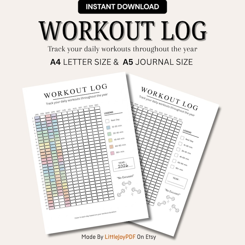 Workout Log Printable | Yearly Exercise Tracker by Duration | Color-in ...