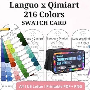 Op de afbeelding: Een verzameling kunstbenodigdheden, waaronder kleurstalenkaarten, een zwarte etui en twee gelpennen. De kleurstalenkaarten tonen 216 kleuren. Op de etui staat "Qimiart COLOR PAINTING GEL PEN PLUS".