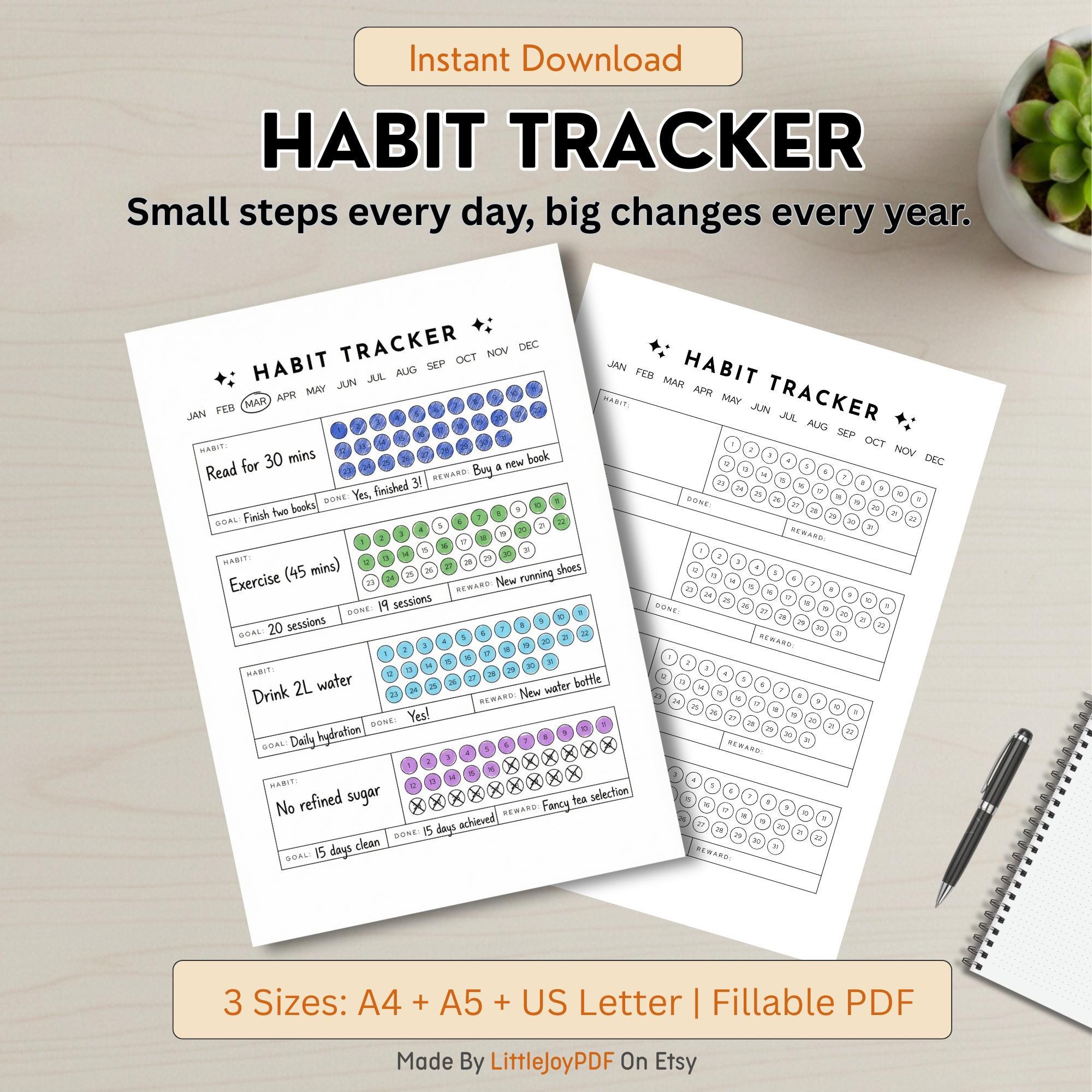 Monthly Habit Tracker Printable: Minimalist Fillable PDF, A4 A5 US ...