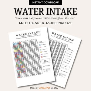 Op de afbeelding: Twee witte, afdrukbare waterinname trackers. De bovenste tekst luidt "WATER INTAKE" en "Volg uw dagelijkse waterinname gedurende het hele jaar". Eén tracker is gevuld met kleurrijke blokken. De andere is leeg. Inclusief A4 en A5 formaten.