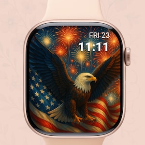 Quadrante patriottico del 4 luglio per Apple Watch, bandiera USA, fuochi d'artificio e sfondo con aquila, download digitale per il Giorno dell'Indipendenza per Smartwatch