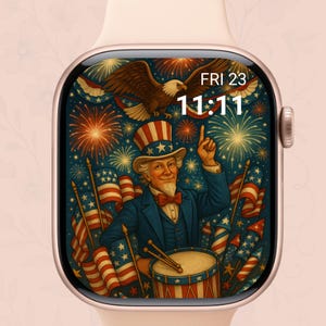 Quadrante patriottico del 4 luglio per Apple Watch, bandiera USA, fuochi d'artificio e sfondo con aquila, download digitale per il Giorno dell'Indipendenza per Smartwatch