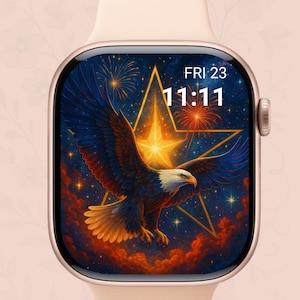 Quadrante patriottico del 4 luglio per Apple Watch, bandiera USA, fuochi d'artificio e sfondo con aquila, download digitale per il Giorno dell'Indipendenza per Smartwatch