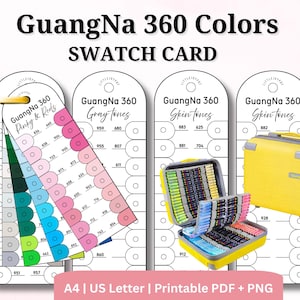 Op de afbeelding: Een swatchkaartenset voor GuangNa 360 Colors, met kleurstalen en een gele draagtas. De kaart toont roze, rode, grijze en huidtinten. De tekst op de kaart luidt "GuangNa 360 Colors SWATCH CARD".