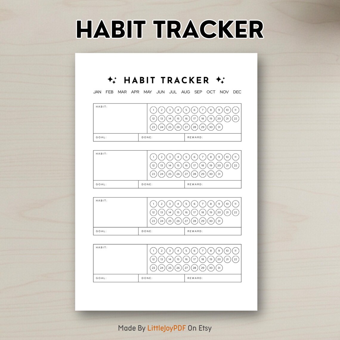 Monthly Habit Tracker Printable: Minimalist Fillable PDF, A4 A5 US ...