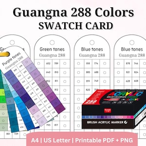 以下が含まれることがあります： 「Guangna 288 Colors SWATCH CARD」のテキストが入ったカラー見本カードセット。カードには、紫、緑、青の色見本が表示されています。「Brush Acrylic Marker」の箱も表示されています。カードには「A4 | US Letter | Printable PDF + PNG」と記載されています。