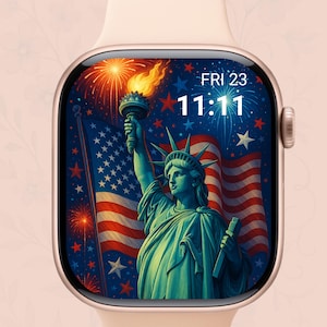 Quadrante patriottico del 4 luglio per Apple Watch, bandiera USA, fuochi d'artificio e sfondo con aquila, download digitale per il Giorno dell'Indipendenza per Smartwatch