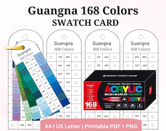 Guangna 168 Acrylic Marker Color Swatch Cards - Druckbare PDF & PNG, A4 und US Letter