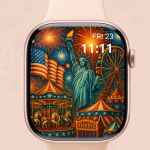 Quadrante patriottico del 4 luglio per Apple Watch, bandiera USA, fuochi d'artificio e sfondo con aquila, download digitale per il Giorno dell'Indipendenza per Smartwatch