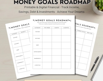 Geld-Ziele-Road Map: Ausfüllbarer Haushaltsplaner für Ersparnisse und Kredite, A4 US Letter