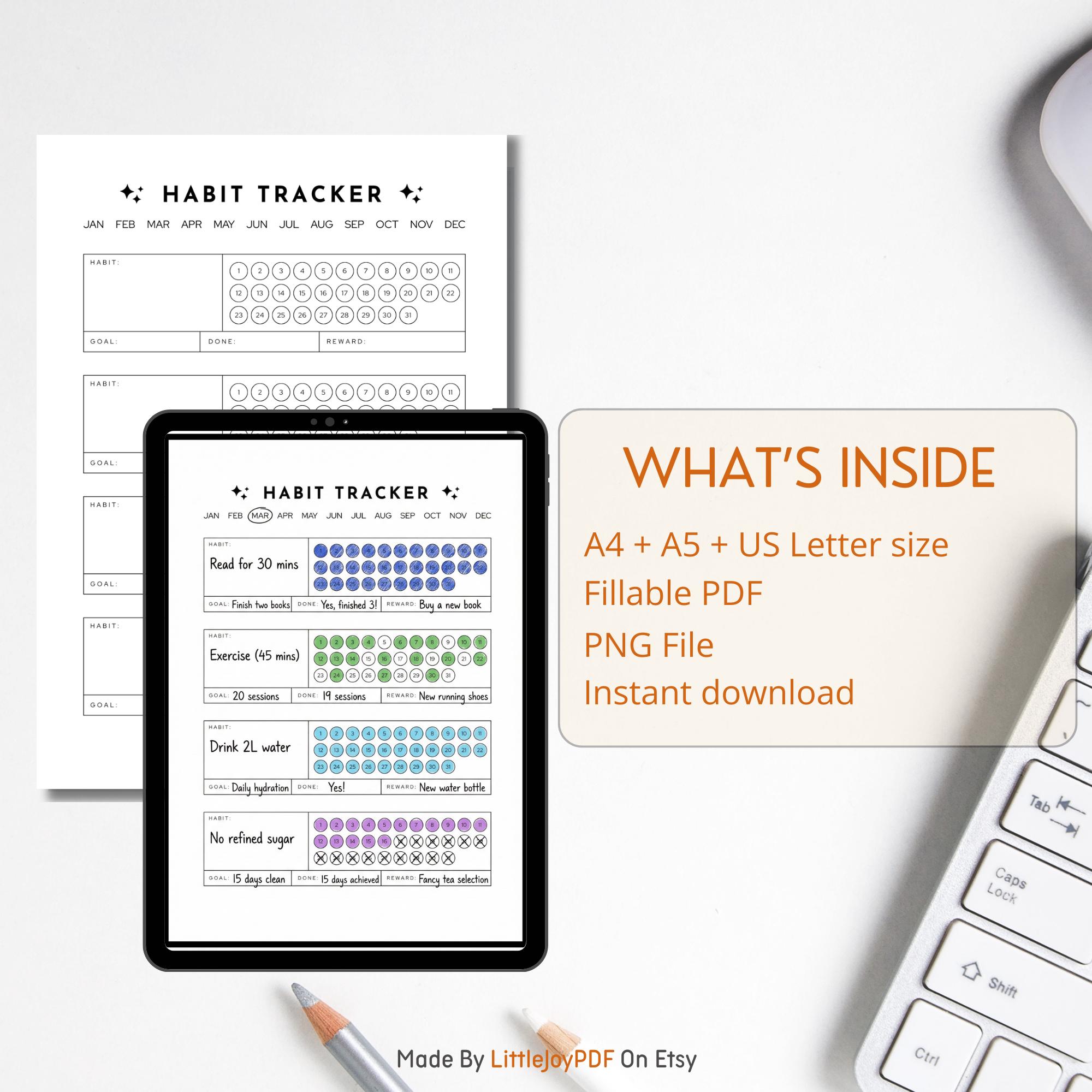 Monthly Habit Tracker Printable: Minimalist Fillable PDF, A4 A5 US ...