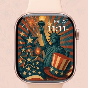 Quadrante patriottico del 4 luglio per Apple Watch, bandiera USA, fuochi d'artificio e sfondo con aquila, download digitale per il Giorno dell'Indipendenza per Smartwatch