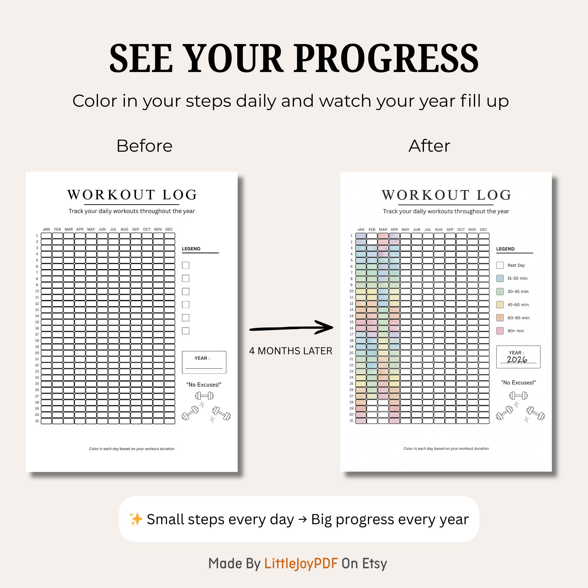 Workout Log Printable | Yearly Exercise Tracker by Duration | Color-in ...