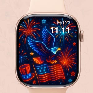 Quadrante patriottico del 4 luglio per Apple Watch, bandiera USA, fuochi d'artificio e sfondo con aquila, download digitale per il Giorno dell'Indipendenza per Smartwatch