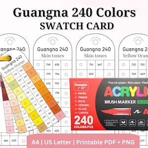 Könnte beinhalten: Ein Guangna 240 Colors Farbmusterkarten-Set mit Hauttönen und gelb-orangen Farbtönen. Enthält eine Schachtel mit Acryl-Pinselmarkern mit 240 Farben. Erhältlich in A4- und US-Letter-Größe für den Druck.