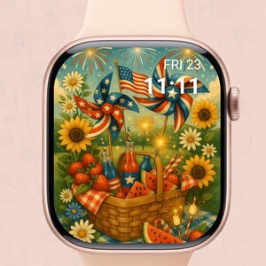 Quadrante patriottico del 4 luglio per Apple Watch, bandiera USA, fuochi d'artificio e sfondo con aquila, download digitale per il Giorno dell'Indipendenza per Smartwatch
