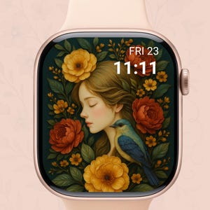 Quadrante estetica floreale, sfondo per Apple Watch in formato PNG e JPEG, quadrante botanico per donna, regalo di arte digitale per lei, stile femminile delicato