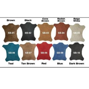 May include: A colour chart showing ten leather swatches in various shades. Colours include brown, black, cone brown, reddish brown, beige white, teal, tan brown, red, blue, and dark brown. Each swatch is labelled with a colour name and a corresponding code.