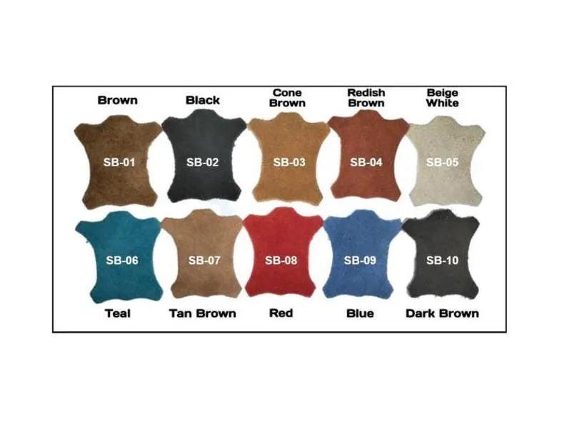May include: A colour chart showing ten leather swatches in various shades. Colours include brown, black, cone brown, reddish brown, beige white, teal, tan brown, red, blue, and dark brown. Each swatch is labelled with a colour name and a corresponding code.