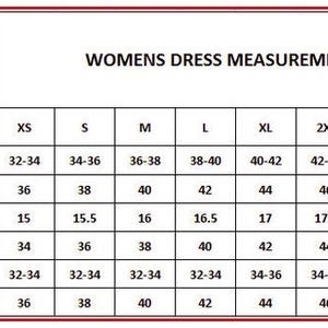 May include: A women's dress size chart showing measurements in inches. Sizes range from XS to 5XL, with chest, shoulder, waist, sleeve, fringe, and hip measurements. The chart includes the text "SIZE CHART" at the top and "WOMENS DRESS MEASUREMENTS (INCHES)".