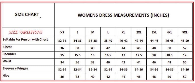 May include: A women's dress size chart showing measurements in inches. Sizes range from XS to 5XL, with chest, shoulder, waist, sleeve, fringe, and hip measurements. The chart includes the text "SIZE CHART" at the top and "WOMENS DRESS MEASUREMENTS (INCHES)".
