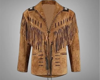 Men’s Western Wear Suede Leather Jacket Fringe, Cowboy Rodeo Style Buckskin Jacket