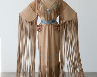 Powwow Pride: Authentic Leather Dress with Intricate Beading and Fringe Wedding Dress -Traditional Vintage Style Leather Maxi - Dance Outfit