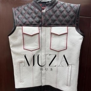 Men Black & White Leather Vest, Men Hunt Club Rider Motorcycle Leather Vest,Diamond Style Biker Leather Vest, Red Black Paisley Leather Vest