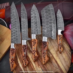 Handmade Damascus Chef Knife Set: Rosewood Handle, Forged Kitchen Knives - 5 PCS