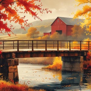Autumn Bridge Watercolor Print: Rustic Americana Landscape (Digital Download)