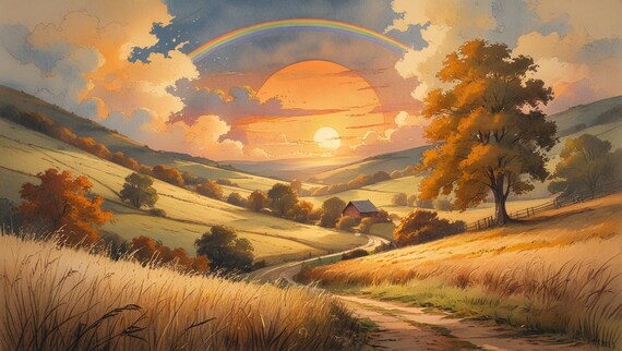 ヴィンテージ秋の夕焼け水彩画プリント：素朴な秋の風景（デジタル