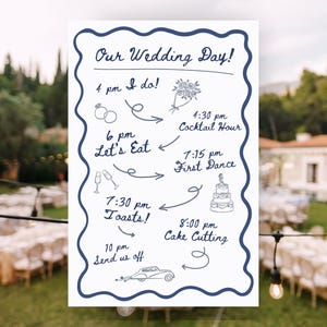 Pode incluir: Um cronograma de casamento branco com uma borda e texto azul marinho. O cronograma inclui horários para a cerimônia, coquetel, primeira dança, corte do bolo e despedida. O fundo mostra um cenário de casamento ao ar livre.