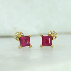 14K Gold Diamond Ruby Earrings, Diamond Earrings for Women, Minimalist Stud Earrings, Gold Ruby Earrings, Princess Cut Ruby Diamond Studs