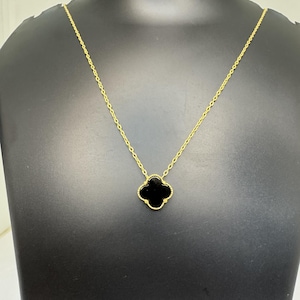 18kt Gold Flower Charm Necklaces With Black Onyx Stone, Natural Black Onyx Clover Gold Necklaces, Elegant Four Leaf Clover Charm Necklaces