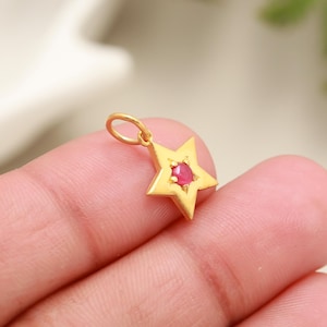 Peut inclure: Un pendentif en forme d'étoile de couleur or, orné d'une petite pierre précieuse rouge et ronde en son centre. Le pendentif est tenu entre les doigts, mettant en valeur son design délicat et sa couleur vive. La forme d'étoile est bien définie.