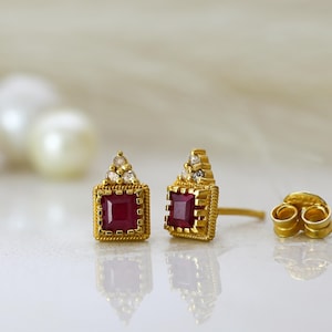 14K Gold Diamond Ruby Earrings, Diamond Earrings for Women, Minimalist Stud Earrings, Gold Ruby Earrings, Princess Ruby Diamond Studs