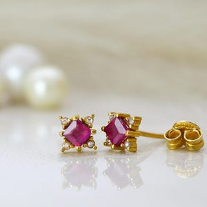 14K Gold Princess Ruby Diamond Studs, Diamond Ruby Earrings for Women, Minimalist Stud Earrings, Gold Ruby Earrings, Gift for Mom
