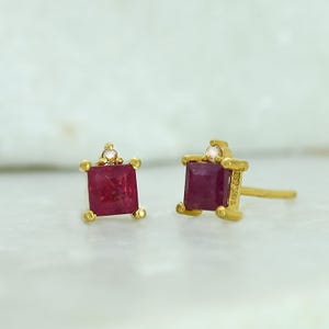 14K Gold Ruby Diamond Studs, Real Diamond Ruby Earrings for Women, Minimalist Stud Earrings,2 Stone Gold  Stud Earrings, Princess Studs
