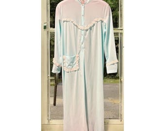 Vtg Rutledge Long Night Gown Robe Blue Lace Pocket Granny Cottage Core (M 14-16)