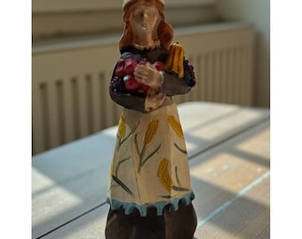Vtg Pacific Rim Cubist Thanksgiving Pilgrim Woman Figurine 4" Wood Resin Carved