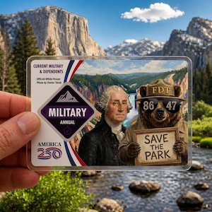 May include: A clear plastic Military Annual pass featuring George Washington and a bear wearing sunglasses and a ranger hat. The bear holds a sign that says "SAVE THE PARK". The pass also includes the text "AMERICA 250".