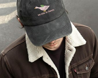 Embroidered We Ride at Dawn Hat, Funny Frog and Goose Dad Cap, Embroidered Meme Hat, Chaotic Animal Baseball Hat, Whimsical Gamer Gift
