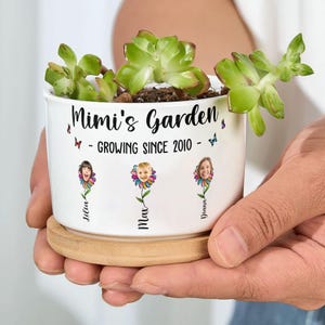Grandma's Garden Custom Title And Kids' Face - Personalized Photo Ceramic Plant Pot With Tray