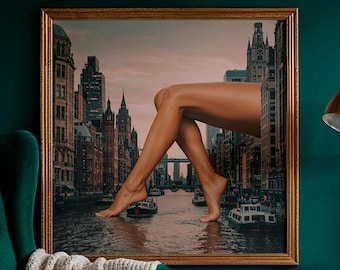 Surreal Collage: "Walking the Waterfront" Collage Art Print - City Wall-Art 1960s Style Mid-century Modern