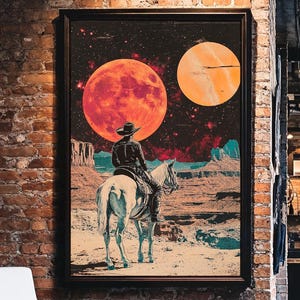 Starlit Range Rider-kunstdruk: retro collage ruimtecowboy