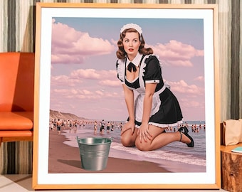 Surreal Collage: "Beach Clean-Up" Holiday Art Print - Retro Tourism Advertisement Poster - 1960s Style Mid-century